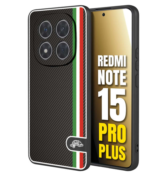 CUSTOMIZZA - Custodia cover nera morbida in tpu compatibile per Xiaomi Redmi Note 15 PRO PLUS effetto fibra di carbonio bandiera Italia made in Italy