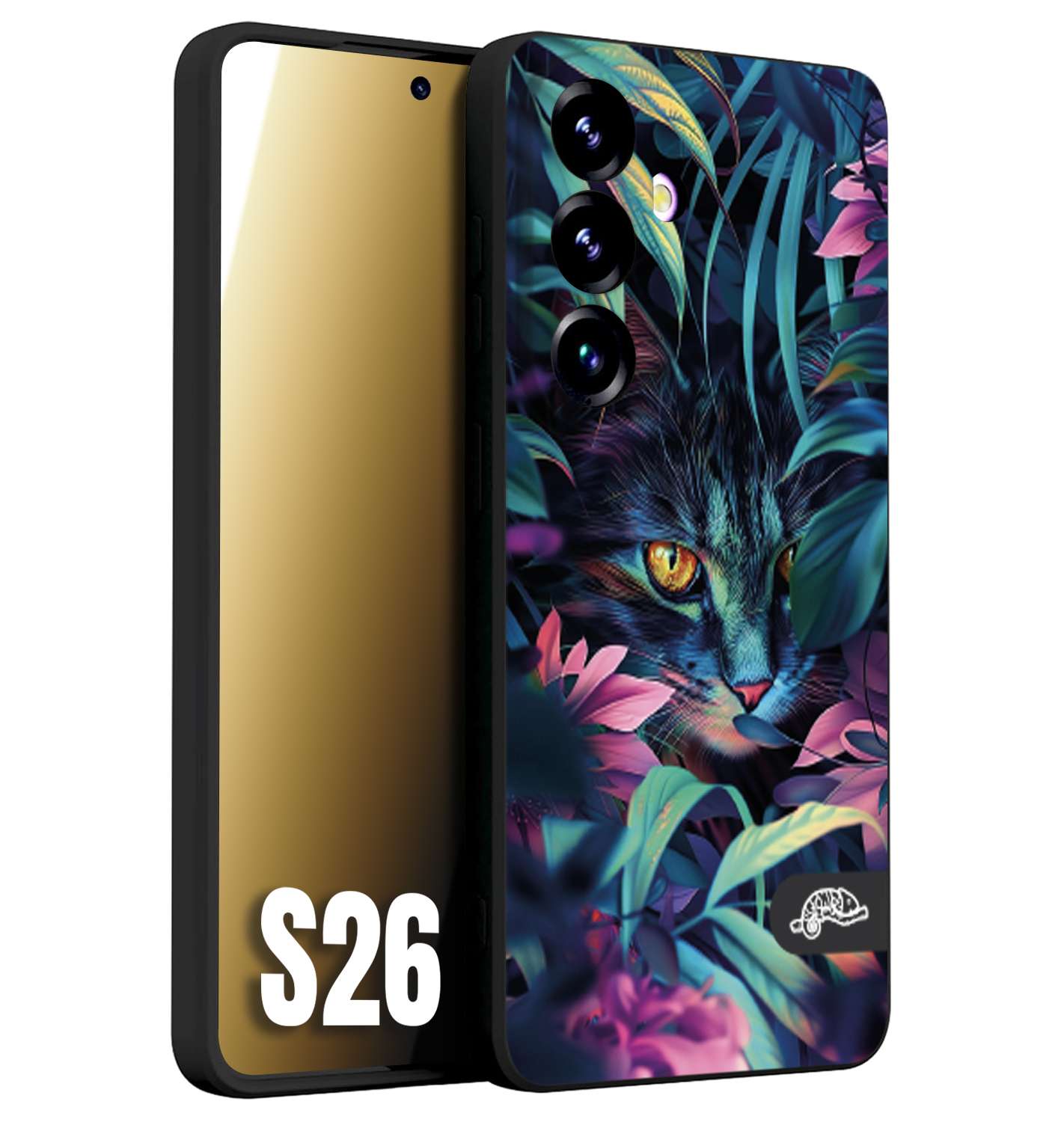 CUSTOMIZZA - Custodia cover nera morbida in tpu compatibile per Samsung S26 animali color giungla tropicale occhio di gatto colori vibranti disegnato