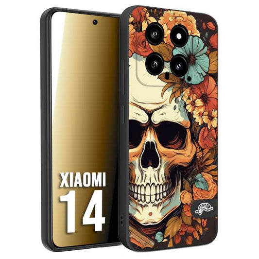 CUSTOMIZZA - Custodia cover nera morbida in tpu compatibile per Xiaomi 14 teschio skull flowers fiori autunnali arancio celeste tattoo