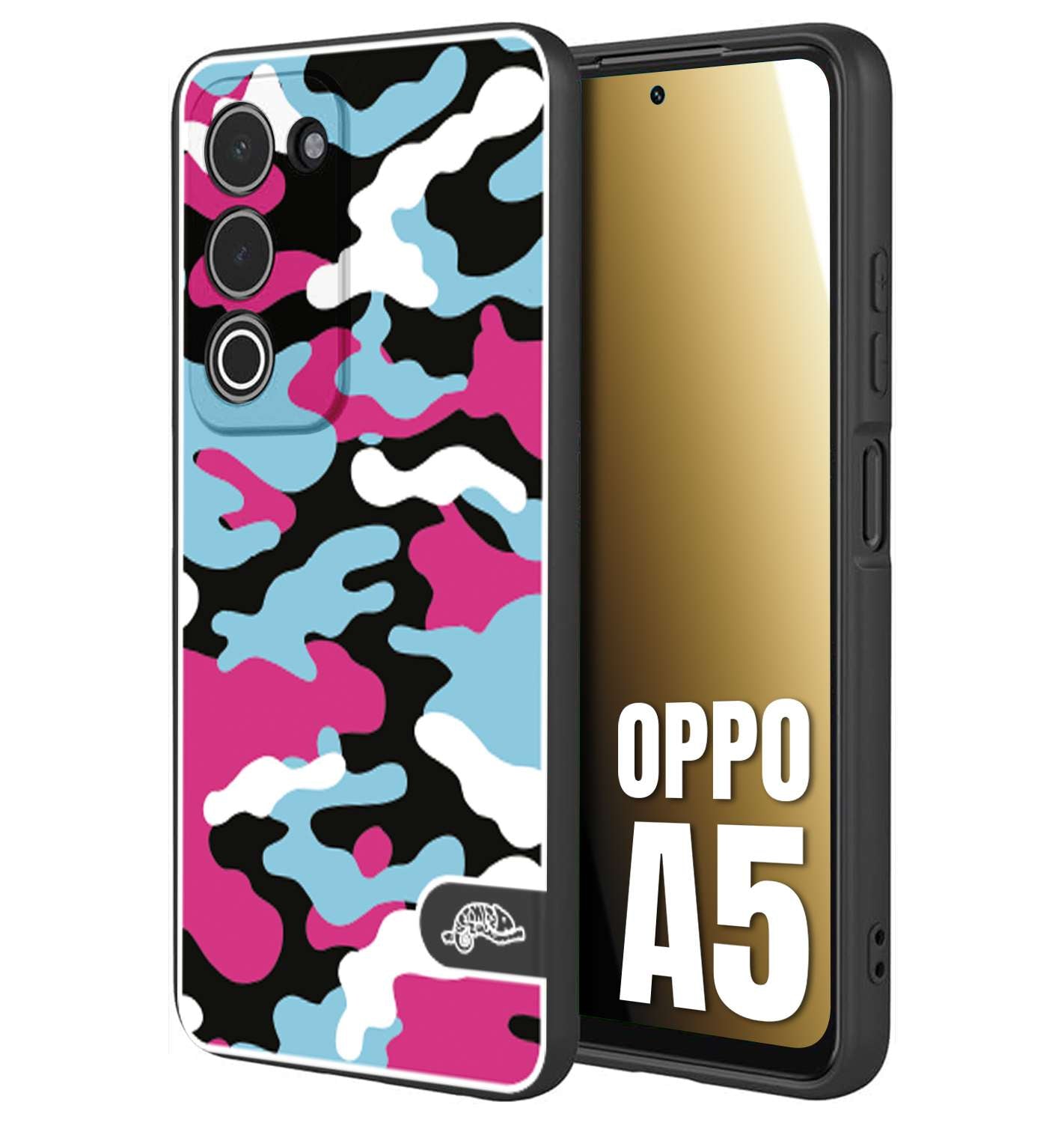 CUSTOMIZZA - Custodia cover nera morbida in tpu compatibile per Oppo A5 camouflage mimetico militare fucsia celeste