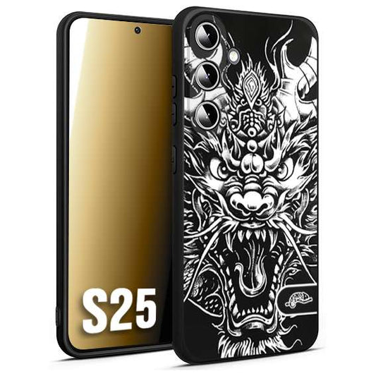 CUSTOMIZZA - Custodia cover nera morbida in tpu compatibile per Samsung S25 drago black and white bianco a rilievo disegnato tattoo tatuaggio