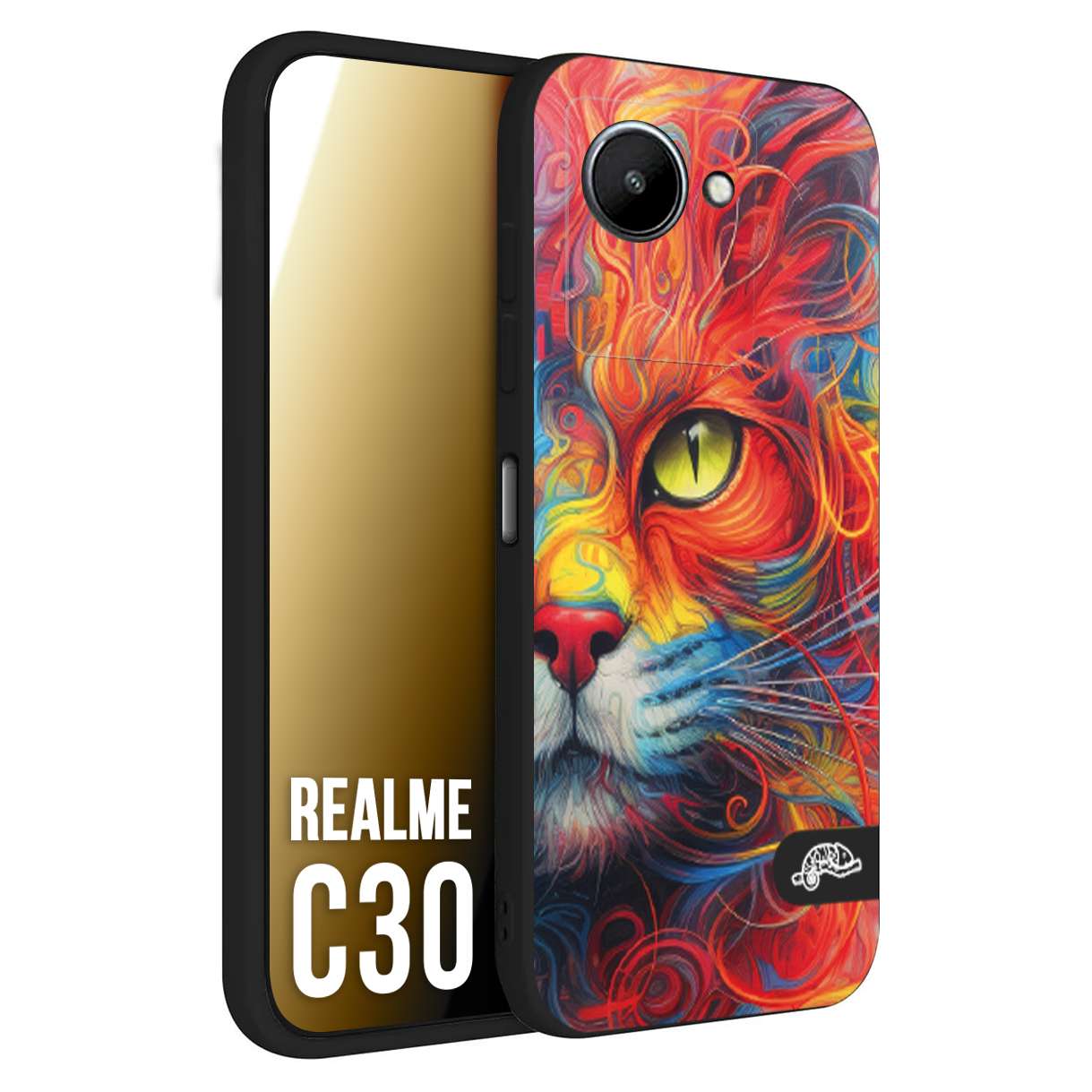 CUSTOMIZZA - Custodia cover nera morbida in tpu compatibile per Oppo Realme C30 animali color cat gatto viso colori vibranti disegnato schizzo