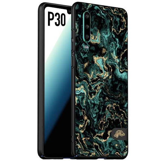 CUSTOMIZZA - Custodia cover nera morbida in tpu compatibile per Huawei P30 effetto marmo marble verde green venature dorato pietra