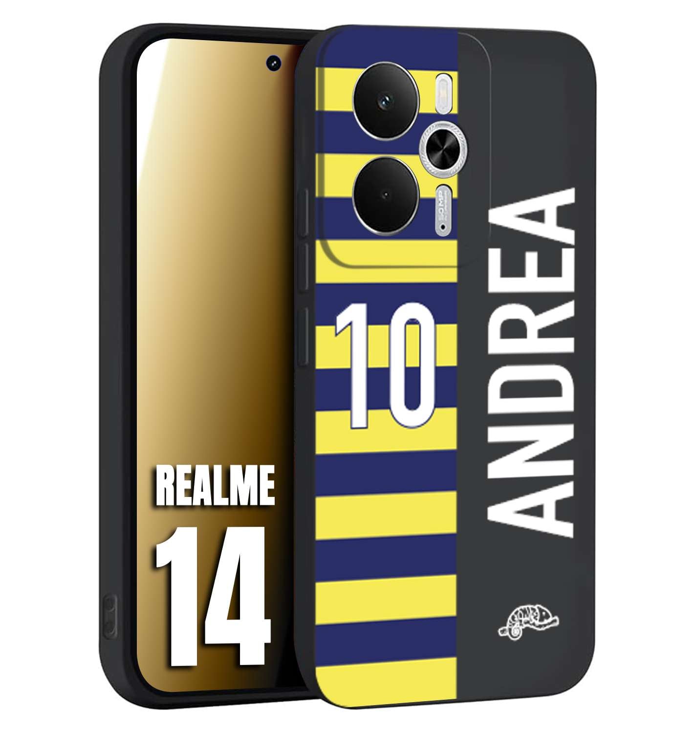 CUSTOMIZZA - Custodia cover nera morbida in tpu compatibile per Realme 14 5G personalizzata calcio football nome e numero calciatori giallo blu