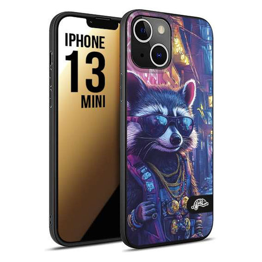 CUSTOMIZZA - Custodia cover nera morbida in tpu compatibile per iPhone 13 MINI animali simpatici cyberpunk procione racoon street cat fucsia blu giallo