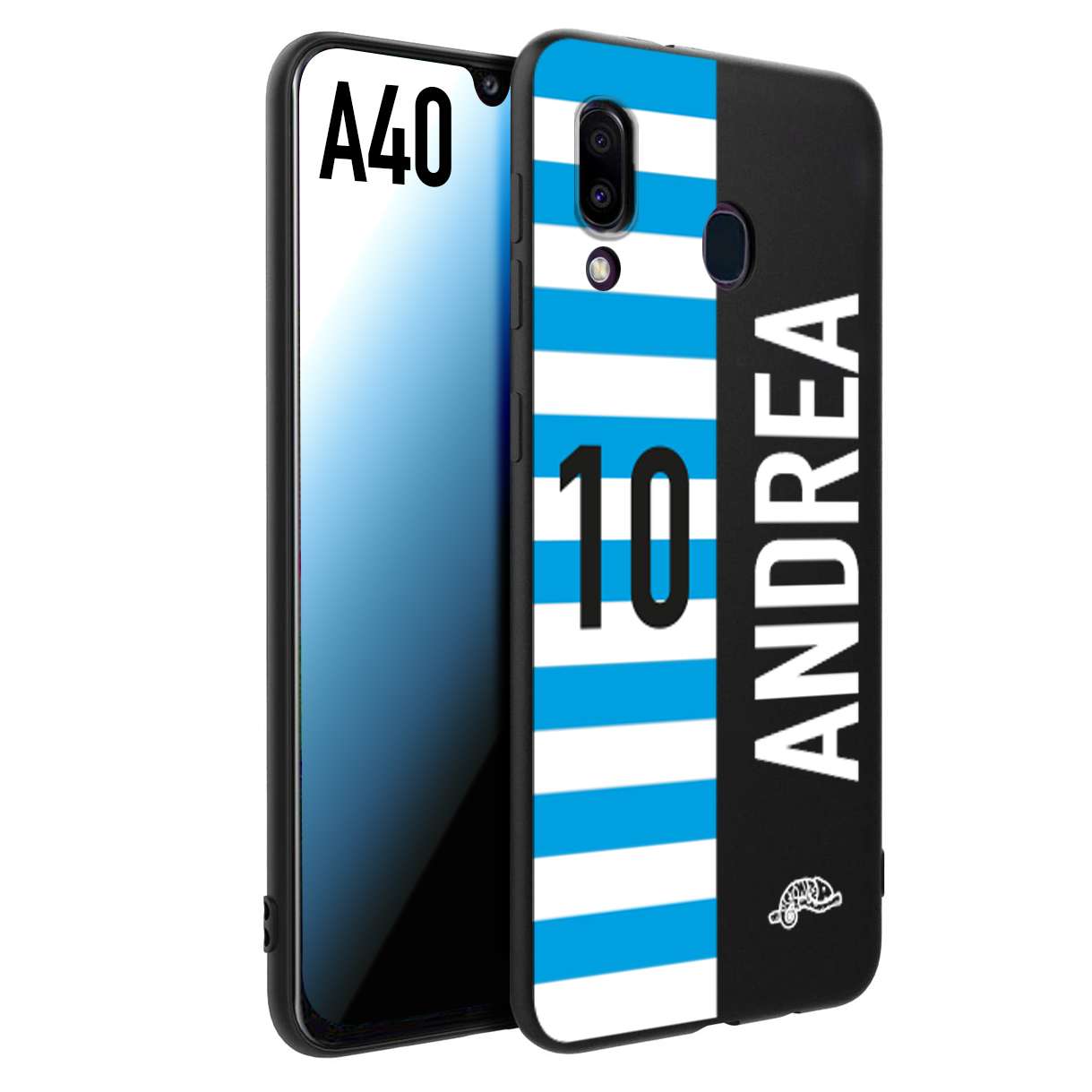 CUSTOMIZZA - Custodia cover nera morbida in tpu compatibile per Samsung A40 personalizzata calcio football nome e numero calciatori biancazzurri