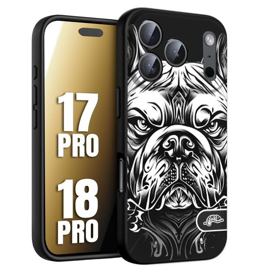 CUSTOMIZZA - Custodia cover nera morbida in tpu compatibile per iPhone 17 PRO - 18 PRO bulldog bianco a rilievo disegnato tattoo tatuaggio