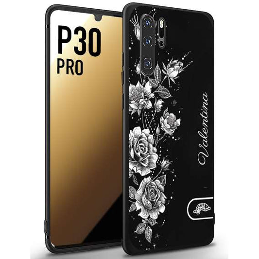 CUSTOMIZZA - Custodia cover nera morbida in tpu compatibile per Huawei P30 PRO a rilievo soft touch personalizzata nome rose fiori donna