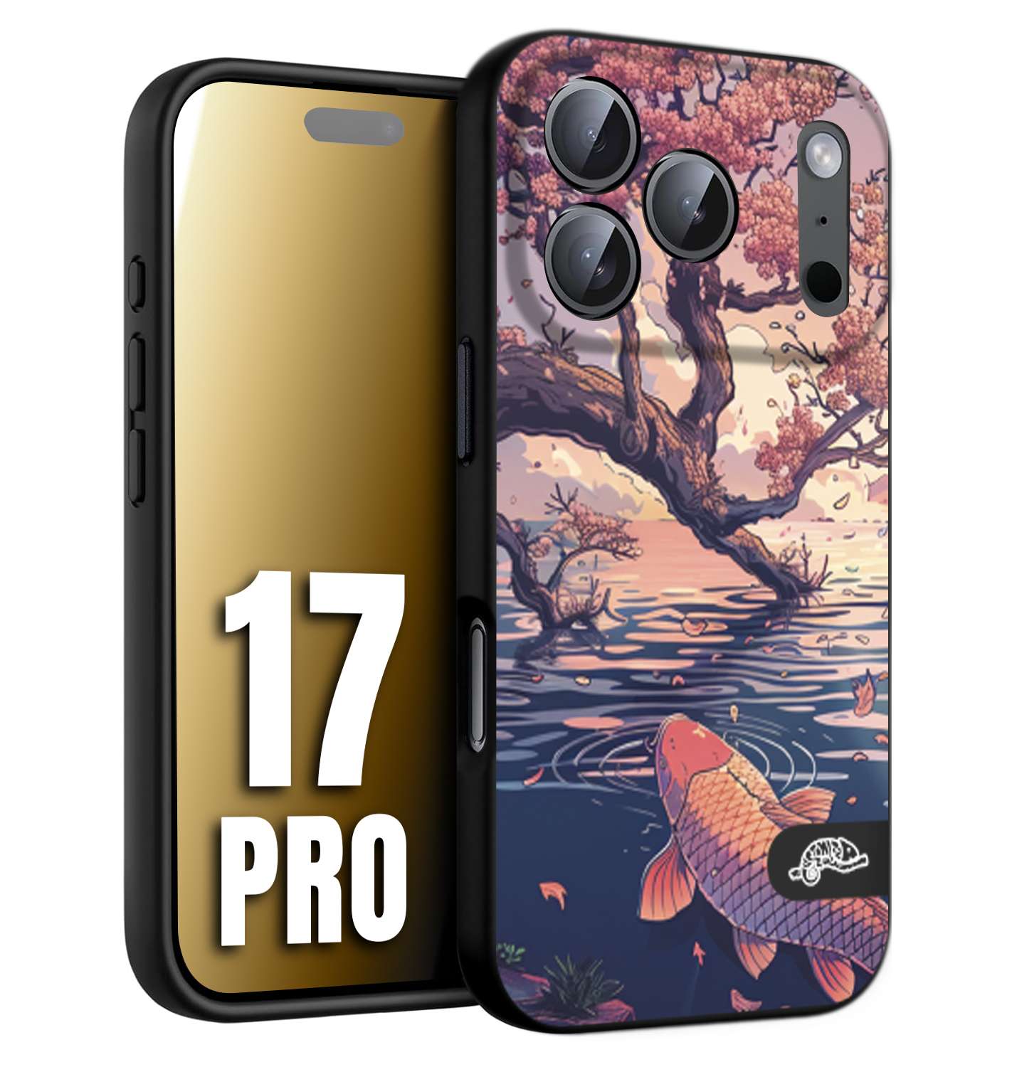 CUSTOMIZZA - Custodia cover nera morbida in tpu compatibile per iPhone 17 PRO giapponese lago carpa koi rosa con foglie d'acero disegnata tattoo