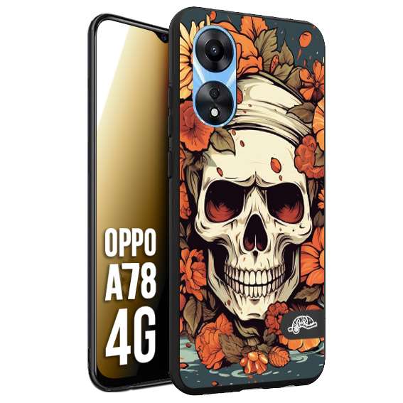 CUSTOMIZZA - Custodia cover nera morbida in tpu compatibile per Oppo A78 4G teschio skull flowers fiori tattoo disegnato alta definizione