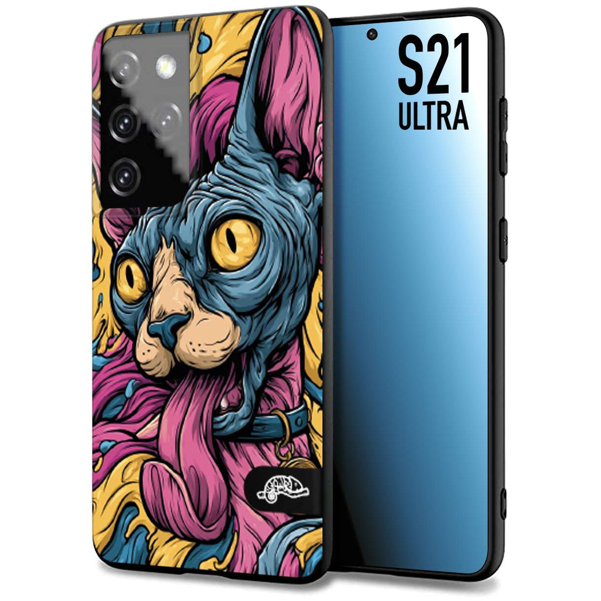 CUSTOMIZZA - Custodia cover nera morbida in tpu compatibile per Samsung S21 ULTRA Sphynx Colorato Pop Art Psichedelico Gatto Blu Rosa Giallo Artistica Fantasy
