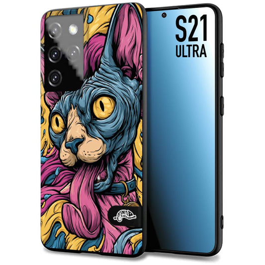 CUSTOMIZZA - Custodia cover nera morbida in tpu compatibile per Samsung S21 ULTRA Sphynx Colorato Pop Art Psichedelico Gatto Blu Rosa Giallo Artistica Fantasy