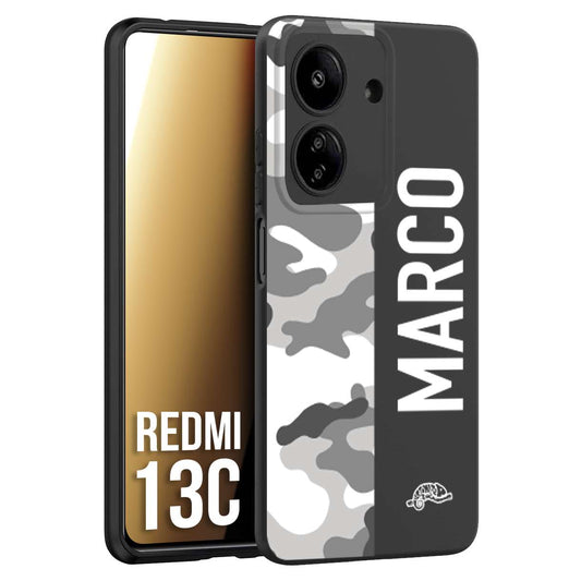 CUSTOMIZZA - Custodia cover nera morbida in tpu compatibile per Xiaomi Redmi 13C camouflage mimetico militare personalizzata nome bianco