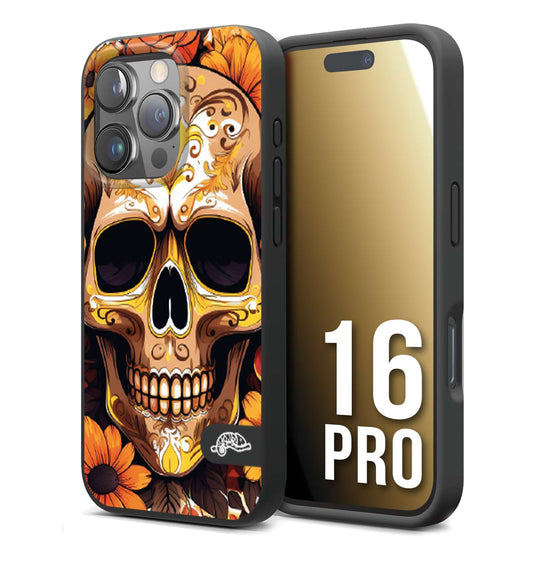 CUSTOMIZZA - Custodia cover nera morbida in tpu compatibile per iPhone 16 PRO teschio messicano colorato dorato fiori tattoo disegnato