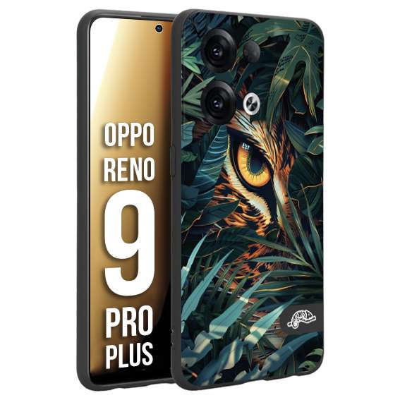 CUSTOMIZZA - Custodia cover nera morbida in tpu compatibile per Oppo Reno 9 PRO PLUS animali color giungla tropicale occhio di giaguaro felino disegnato