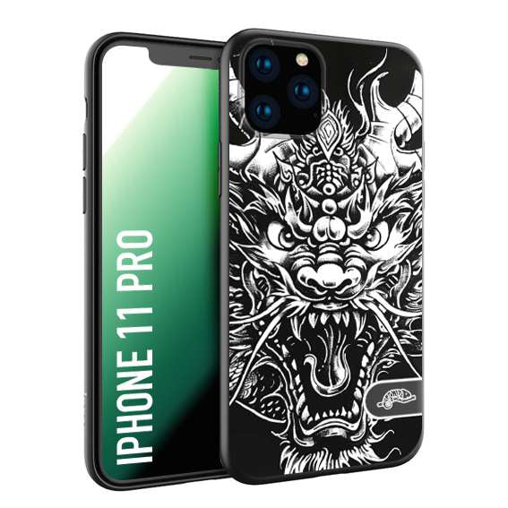 CUSTOMIZZA - Custodia cover nera morbida in tpu compatibile per iPhone 11 PRO drago black and white bianco a rilievo disegnato tattoo tatuaggio