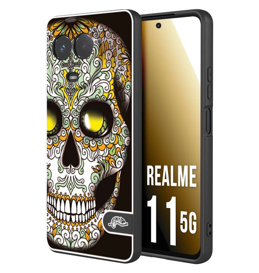 CUSTOMIZZA - Custodia cover nera morbida in tpu compatibile per Oppo Realme 11 5G teschio messicano Mexican skull bianco verde giallo