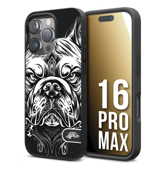 CUSTOMIZZA - Custodia cover nera morbida in tpu compatibile per iPhone 16 PRO MAX bulldog bianco a rilievo disegnato tattoo tatuaggio