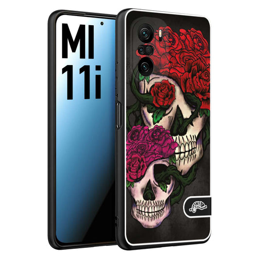 CUSTOMIZZA - Custodia cover nera morbida in tpu compatibile per Xiaomi Mi 11i teschi e rose rosse fucsia skull and roses