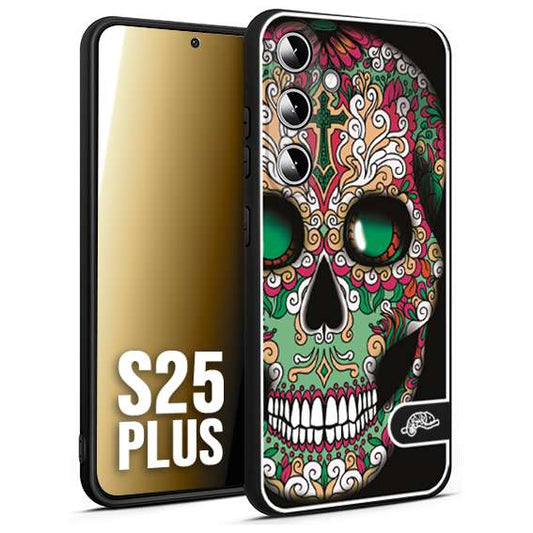 CUSTOMIZZA - Custodia cover nera morbida in tpu compatibile per Samsung S25 PLUS teschio messicano Mexican skull verde fucsia