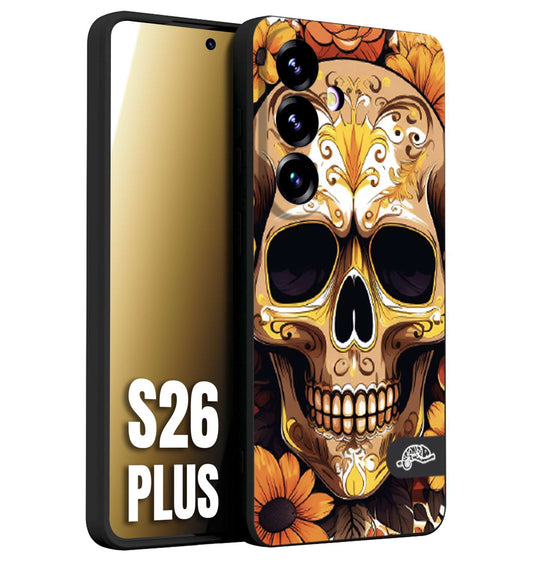 CUSTOMIZZA - Custodia cover nera morbida in tpu compatibile per Samsung S26 PLUS teschio messicano colorato dorato fiori tattoo disegnato