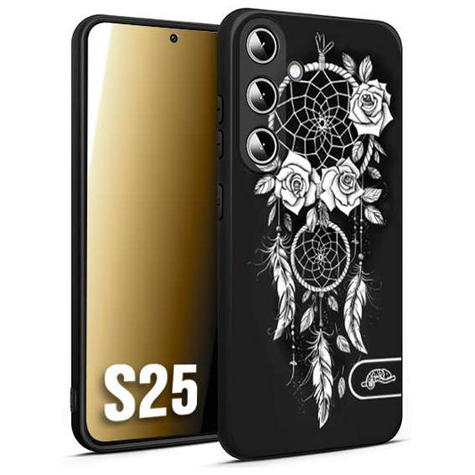 CUSTOMIZZA - Custodia cover nera morbida in tpu compatibile per Samsung S25 acchiappasogni dreamcatcher black and white bianco a rilievo disegnato tattoo tatuaggio