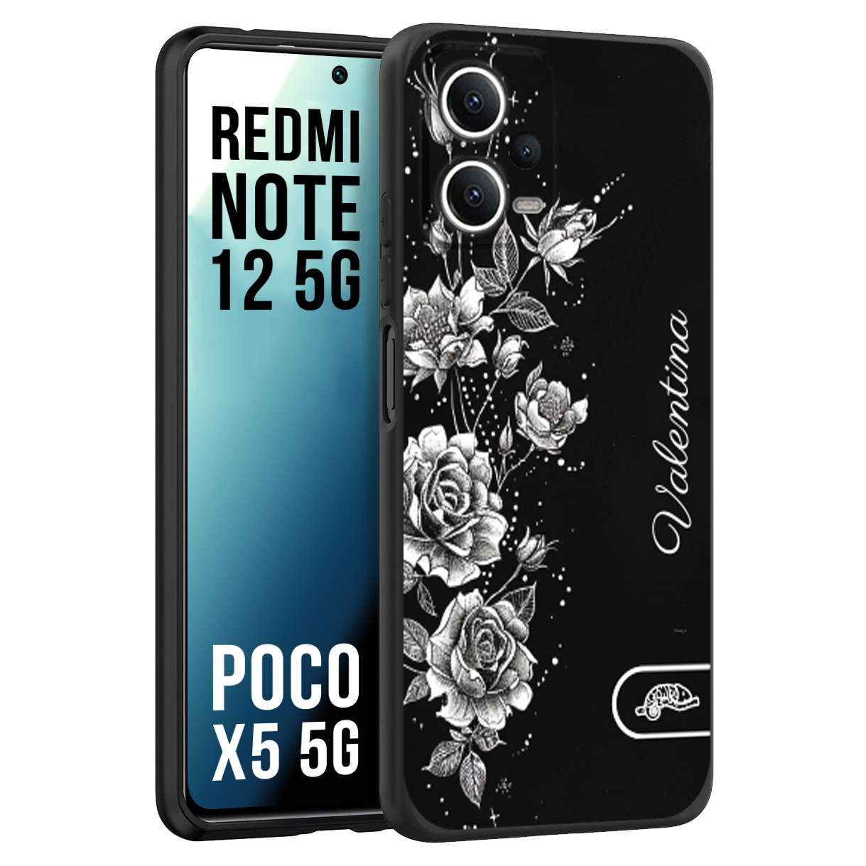 CUSTOMIZZA - Custodia cover nera morbida in tpu compatibile per Xiaomi Redmi Note 12 5G - POCO X5 5G a rilievo soft touch personalizzata nome rose fiori donna