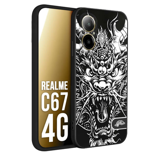 CUSTOMIZZA - Custodia cover nera morbida in tpu compatibile per Realme C67 4G drago black and white bianco a rilievo disegnato tattoo tatuaggio