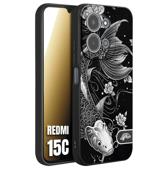 CUSTOMIZZA - Custodia cover nera morbida in tpu compatibile per Xiaomi Redmi 15C carpa koi black and white bianco a rilievo disegnato tattoo tatuaggio