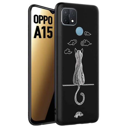 CUSTOMIZZA - Custodia cover nera morbida in tpu compatibile per Oppo A15 gatto mandala stilizzato gattino a rilievo soft touch donna bianca