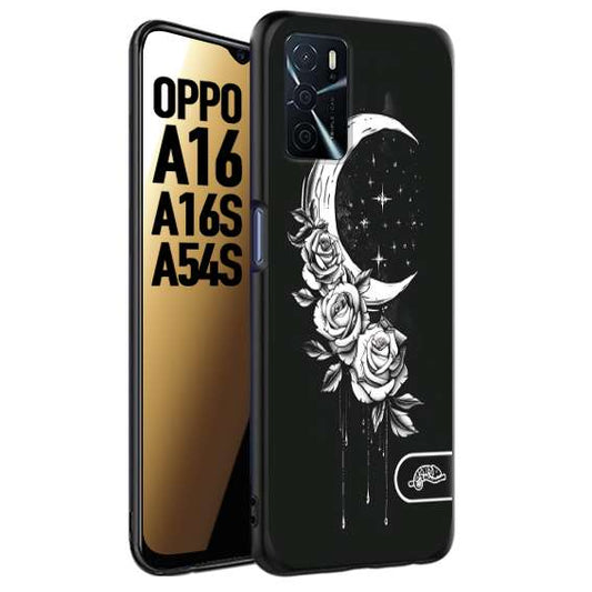 CUSTOMIZZA - Custodia cover nera morbida in tpu compatibile per Oppo A16 - A16S - A54S luna e fiori moon flowers black and white bianco a rilievo disegnato tattoo tatuaggio