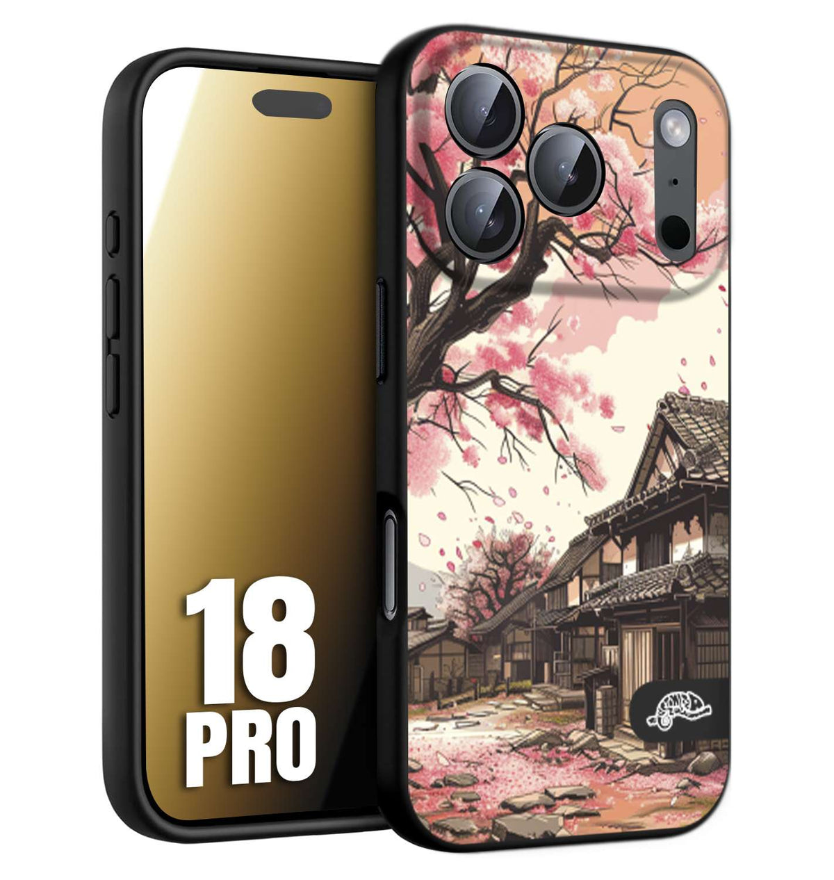 CUSTOMIZZA - Custodia cover nera morbida in tpu compatibile per iPhone 18 PRO casa giapponese rosa ciliegio in fiore disegnata tattoo
