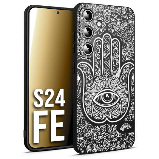 CUSTOMIZZA - Custodia cover nera morbida in tpu compatibile per Samsung S24 FE mano di fatima effetto rilievo mandala donna