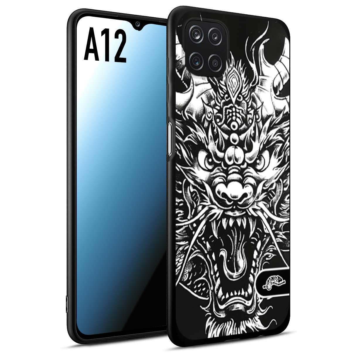 CUSTOMIZZA - Custodia cover nera morbida in tpu compatibile per Samsung A12 drago black and white bianco a rilievo disegnato tattoo tatuaggio