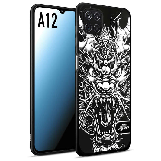 CUSTOMIZZA - Custodia cover nera morbida in tpu compatibile per Samsung A12 drago black and white bianco a rilievo disegnato tattoo tatuaggio