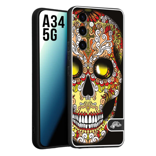 CUSTOMIZZA - Custodia cover nera morbida in tpu compatibile per Samsung A34 5G teschio messicano Mexican skull giallo rosso arancio