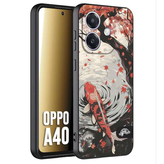 CUSTOMIZZA - Custodia cover nera morbida in tpu compatibile per Oppo A40 giapponese lago carpa koi rossa con foglie d'acero rosso disegnata tattoo