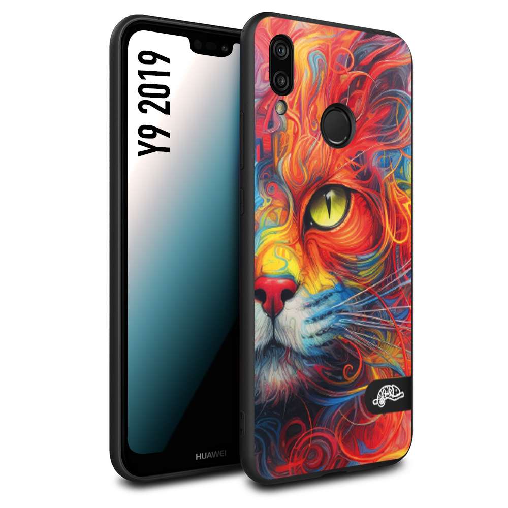 CUSTOMIZZA - Custodia cover nera morbida in tpu compatibile per Huawei Y9 2019 animali color cat gatto viso colori vibranti disegnato schizzo