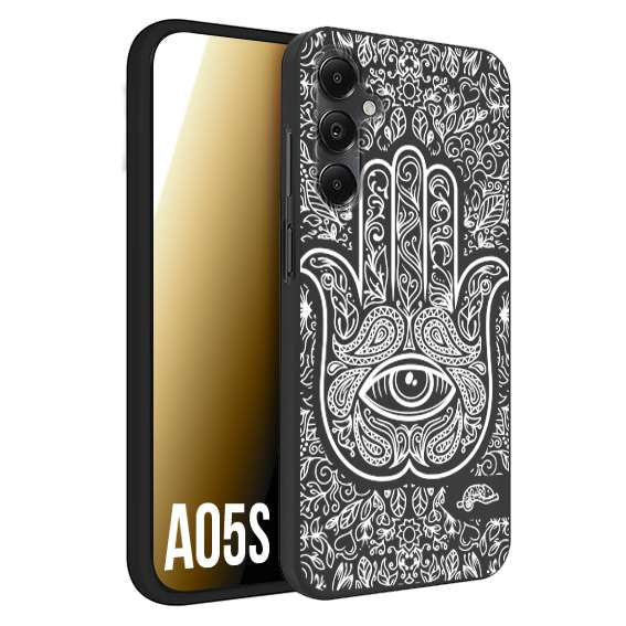 CUSTOMIZZA - Custodia cover nera morbida in tpu compatibile per Samsung A05S mano di fatima effetto rilievo mandala donna