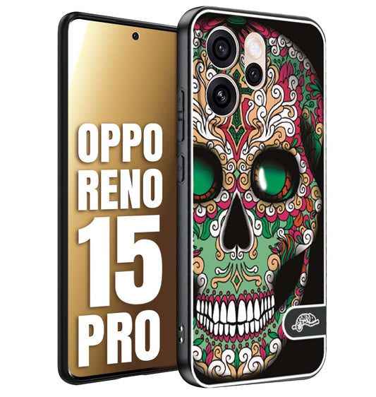 CUSTOMIZZA - Custodia cover nera morbida in tpu compatibile per Oppo Reno 15 PRO teschio messicano Mexican skull verde fucsia