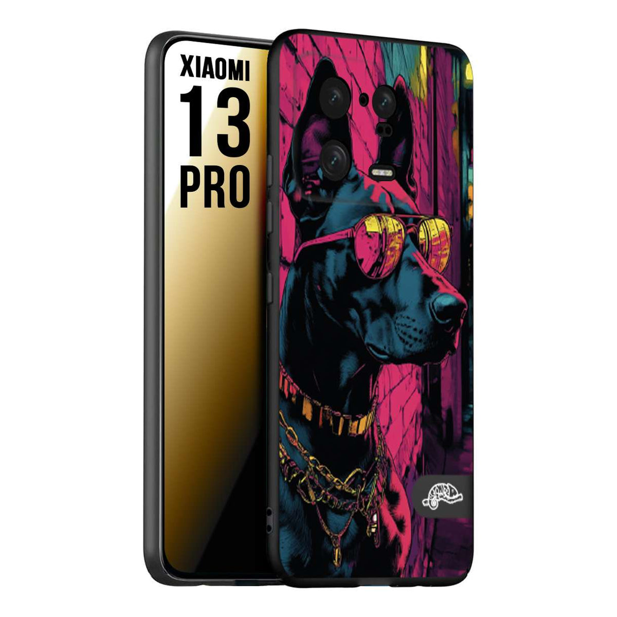 CUSTOMIZZA - Custodia cover nera morbida in tpu compatibile per Xiaomi 13 PRO animali cyberpunk dobermann cane street dog fucsia blu