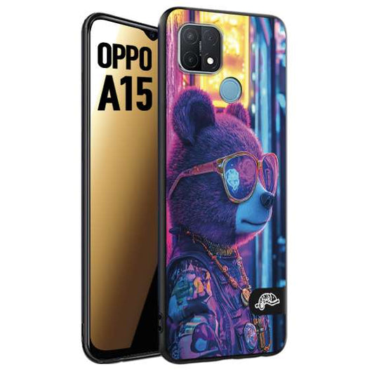 CUSTOMIZZA - Custodia cover nera morbida in tpu compatibile per Oppo A15 animali cyberpunk orsetto orso street bear fucsia blu night