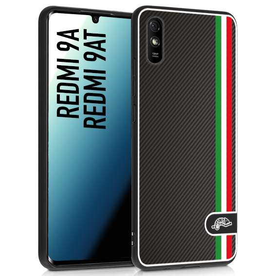 CUSTOMIZZA - Custodia cover nera morbida in tpu compatibile per Xiaomi Redmi 9A - 9AT effetto fibra di carbonio bandiera Italia made in Italy