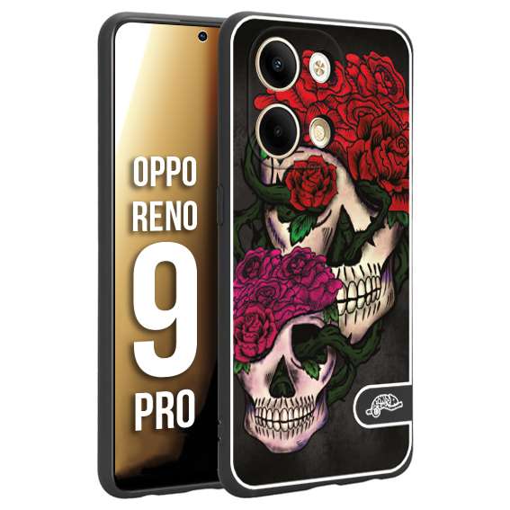 CUSTOMIZZA - Custodia cover nera morbida in tpu compatibile per Oppo Reno 9 PRO teschi e rose rosse fucsia skull and roses