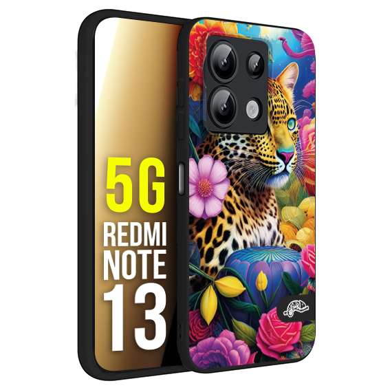 CUSTOMIZZA - Custodia cover nera morbida in tpu compatibile per Xiaomi Redmi Note 13 5G astratti donna flower fantasia leopardo ghepardo animali colorati