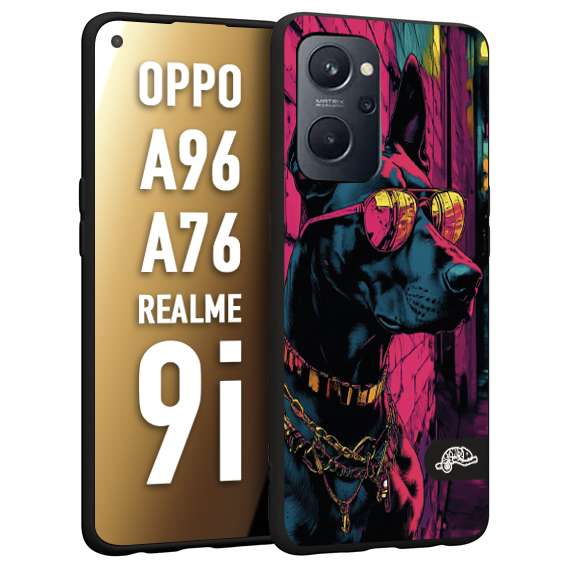 CUSTOMIZZA - Custodia cover nera morbida in tpu compatibile per Realme 9i - A96 - A76 animali cyberpunk dobermann cane street dog fucsia blu