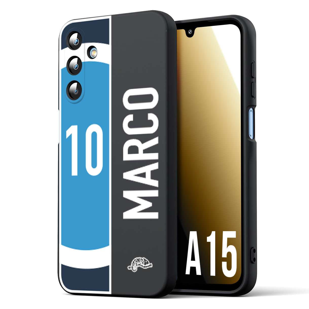 CUSTOMIZZA - Custodia cover nera morbida in tpu compatibile per Samsung A15 5G personalizzata calcio football nome e numero calciatori biancoazzurri bianco celesti