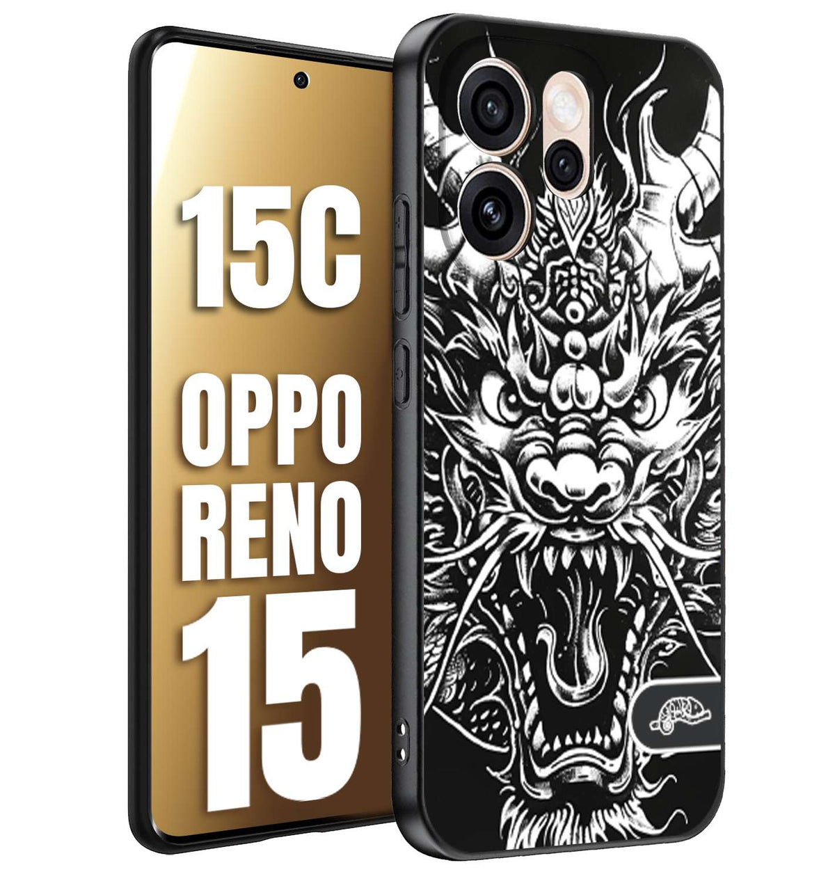 CUSTOMIZZA - Custodia cover nera morbida in tpu compatibile per Oppo Reno 15 - Reno 15Cdrago black and white bianco a rilievo disegnato tattoo tatuaggio