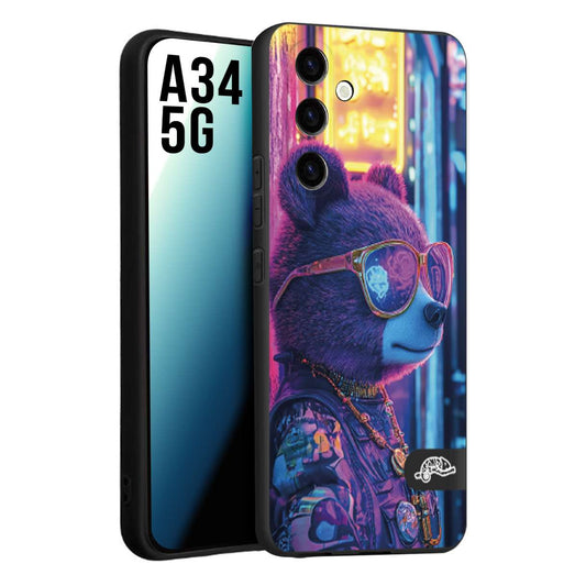 CUSTOMIZZA - Custodia cover nera morbida in tpu compatibile per Samsung A34 5G animali cyberpunk orsetto orso street bear fucsia blu night