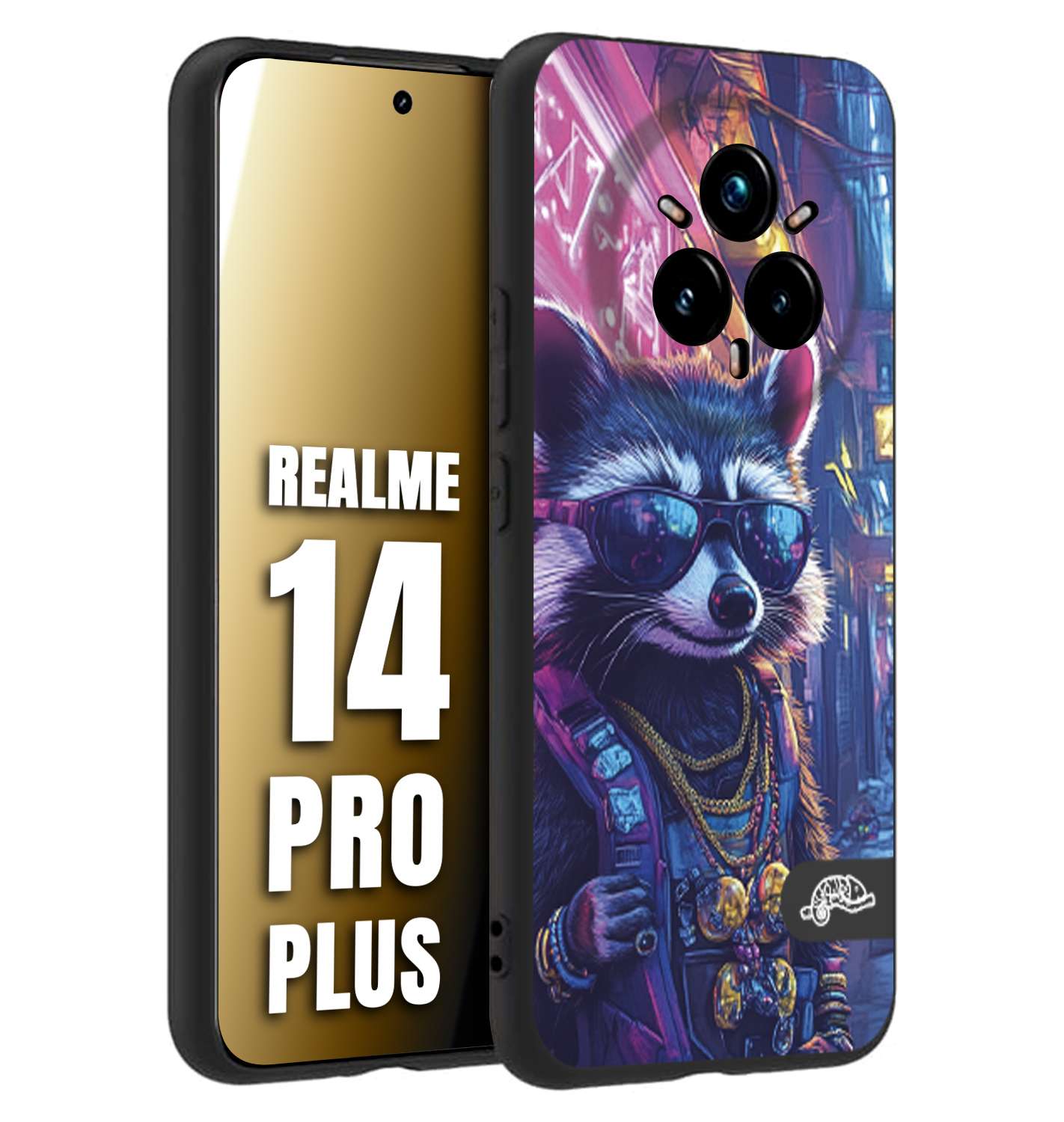 CUSTOMIZZA - Custodia cover nera morbida in tpu compatibile per Realme 14 PRO PLUS animali simpatici cyberpunk procione racoon street cat fucsia blu giallo